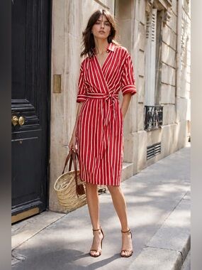 SANDRO PARIS Red & White Striped Wrap Dress